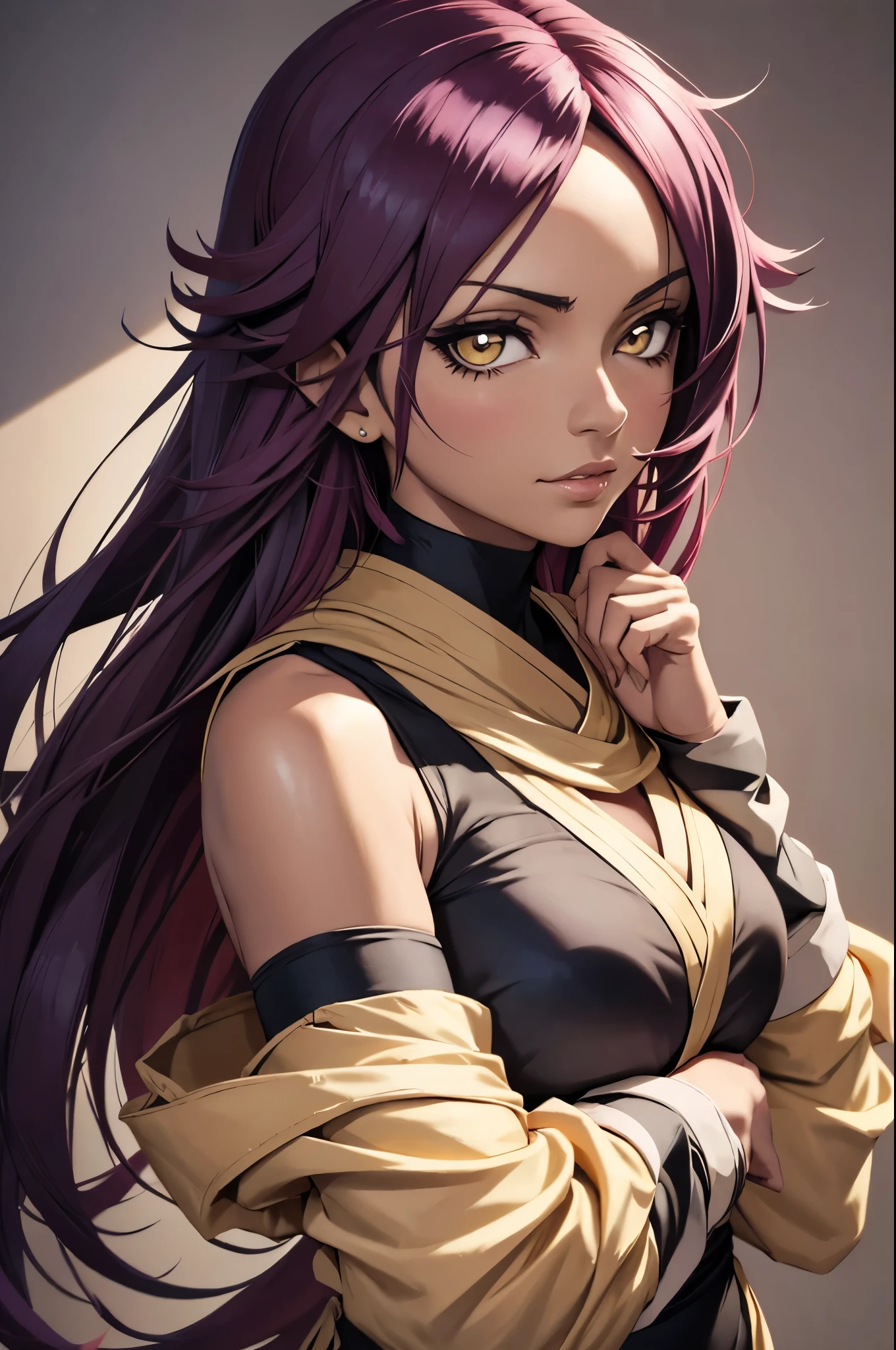 Yoruichi Shihouin, masterpiece), (portrait), medium breasts (aesthetics), A 32-year-old woman , romantic lighting that enhances her feminine features.