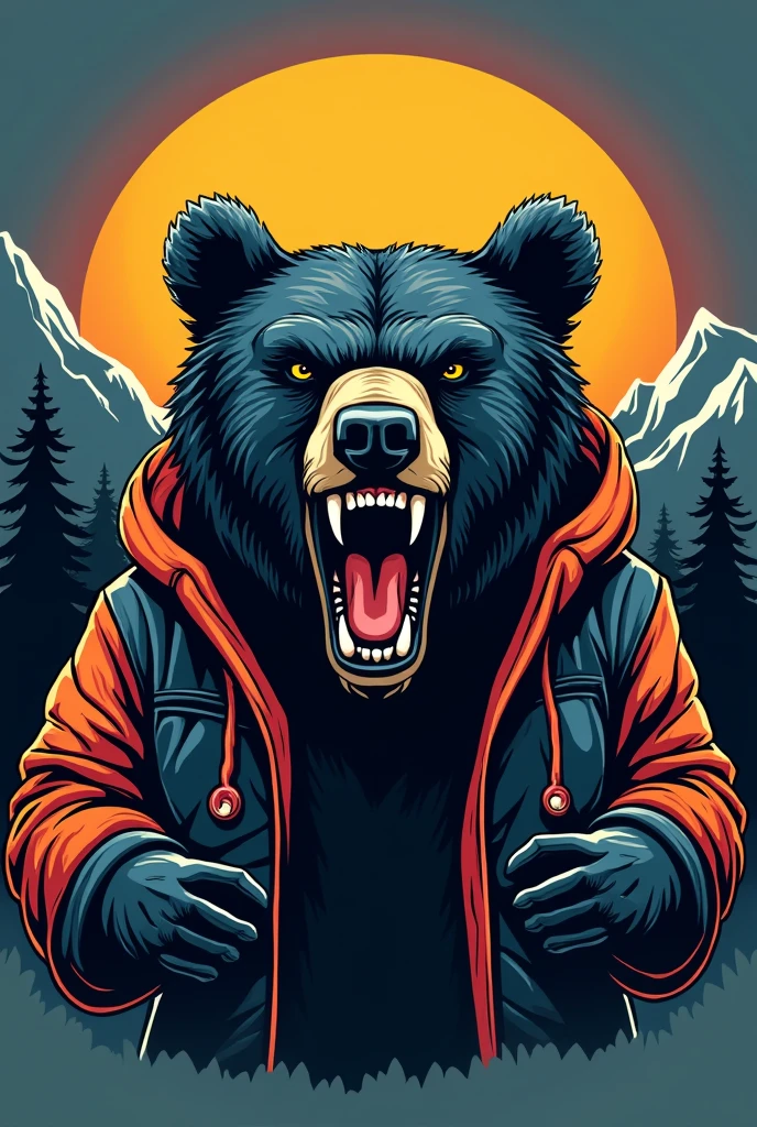 Create an angry bear logo with a kangaroo(jacket) of clothes