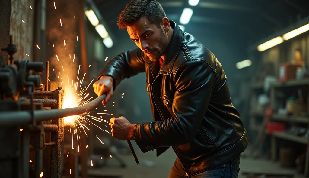 Dashing man beat iron garage labours with iron rod