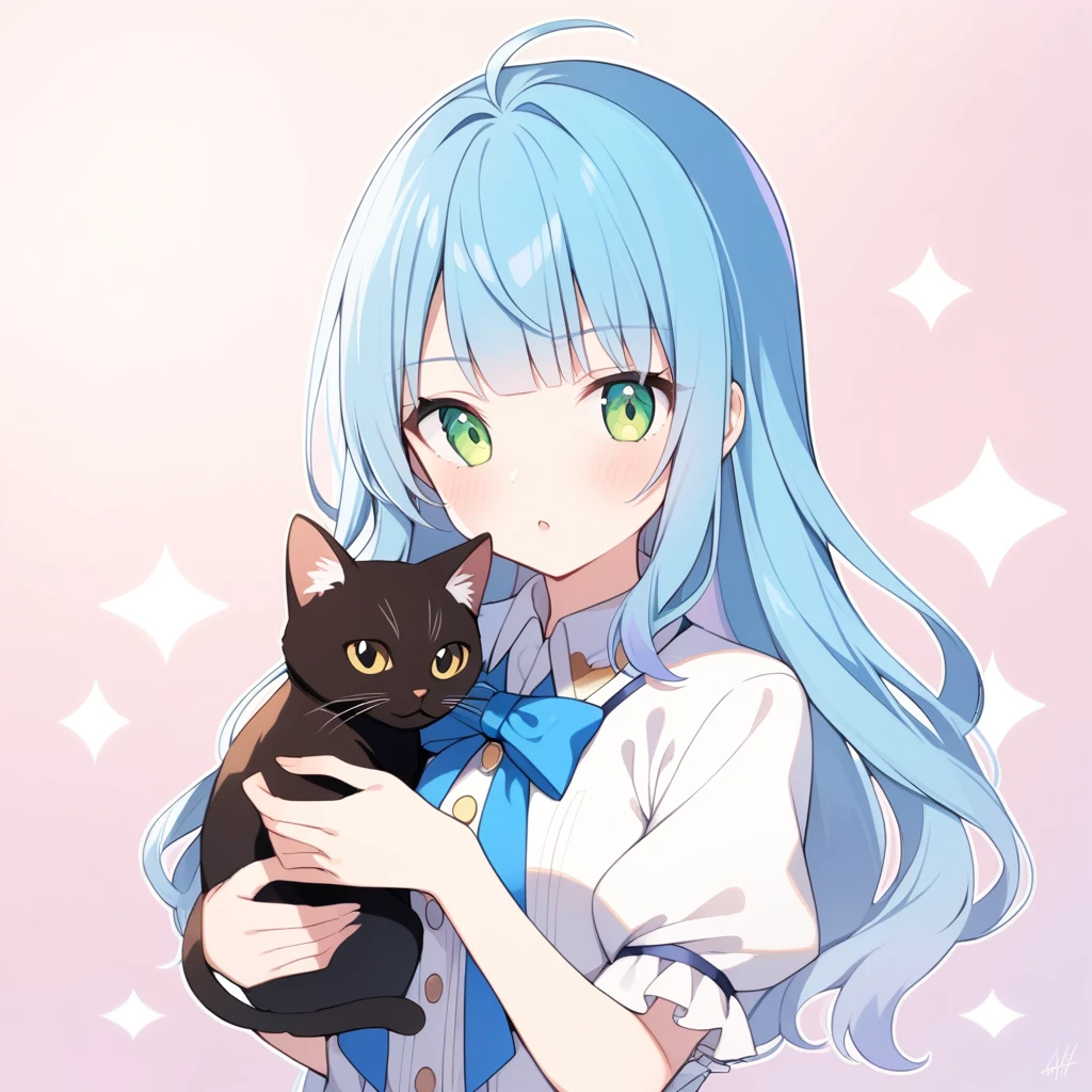 1 Girl, Frederica Belcastel, Bangs, blue bow, Blue Hair, blunt Bangs, bow, Breast Holding,  Cat&#39;s Tail, Cross your arms, skirt, Long hair, Long sleeve, Purple Eyes, Simple background, Solitary, tail bow, Tail ornaments, Tail raised, Tail band