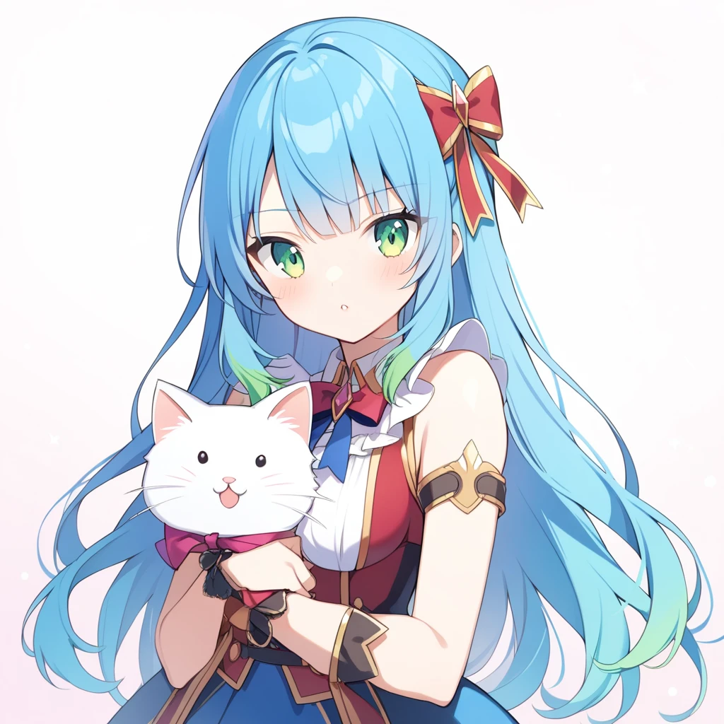1 Girl, Frederica Belcastel, Bangs, blue bow, Blue Hair, blunt Bangs, bow, Breast Holding, Cat's Tail, Cross your arms, skirt, Long hair, Long sleeve, Purple Eyes, Simple background, Solitary, tail bow, Tail ornaments, Tail raised, Tail band
