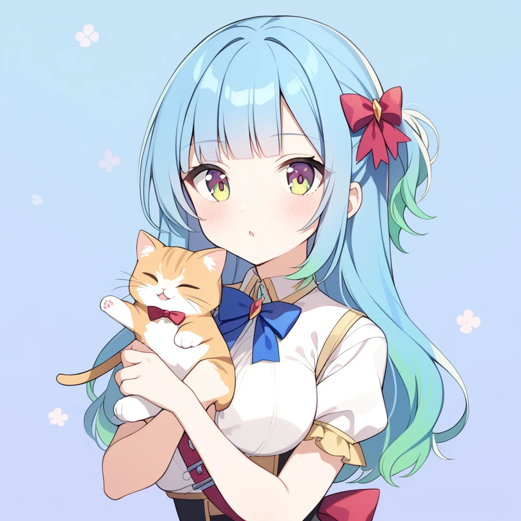 1 Girl, Frederica Belcastel, Bangs, blue bow, Blue Hair, blunt Bangs, bow, Breast Holding, Cat's Tail, Cross your arms, skirt, Long hair, Long sleeve, Purple Eyes, Simple background, Solitary, tail bow, Tail ornaments, Tail raised, Tail band