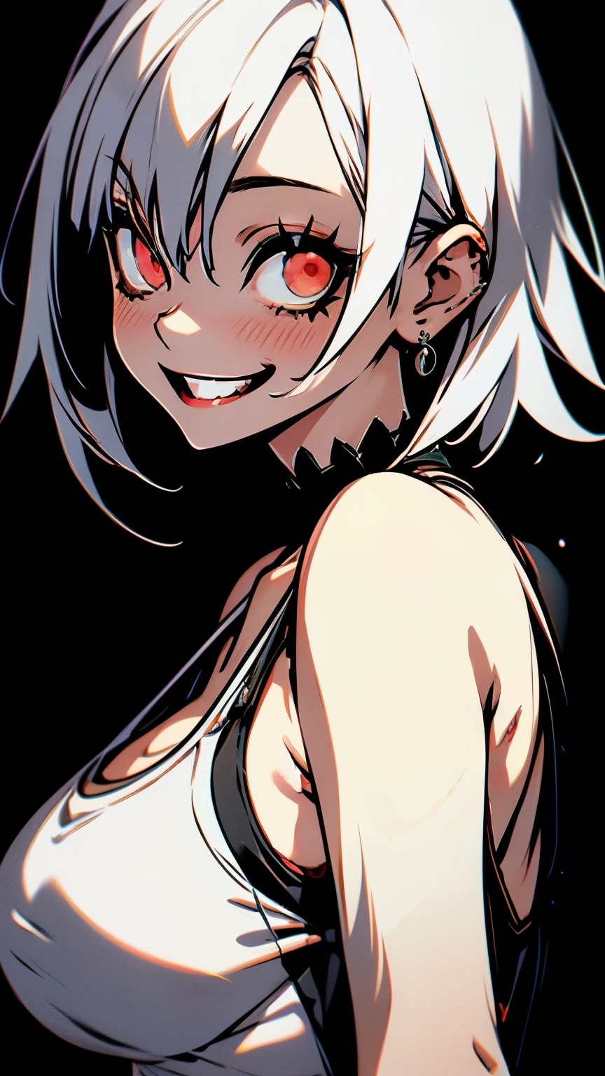 best quality, realistic:1.37, ultra-detailed, an anime girl in the summer, white hair, short hair, tomboy hair, red eyes, detailed eyes, beautiful, smile, laugh, bright smile, charming, black tank top, large breasts