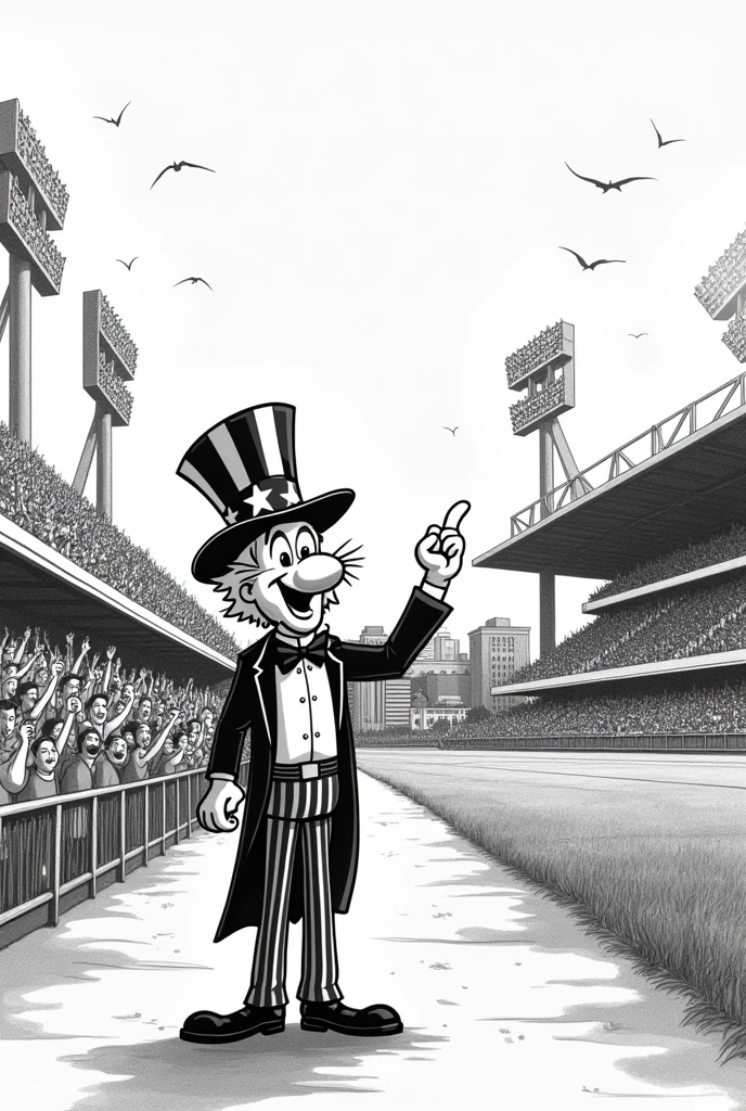 create an image of the 1984 olympic stadiums with uncle sam in front in dashed black and white animation 
