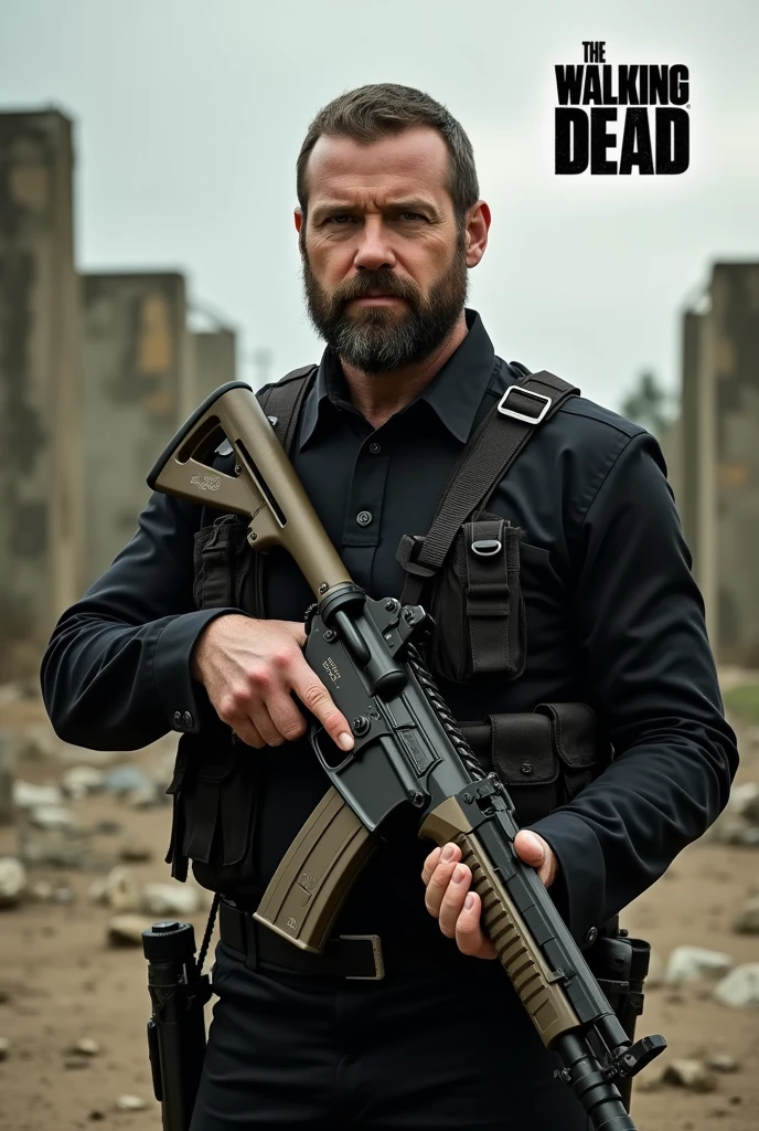 A soldier in a black uniform and also a beard with a rifle on a military base with wounds and above in the left corner a written text "The Walking dead".