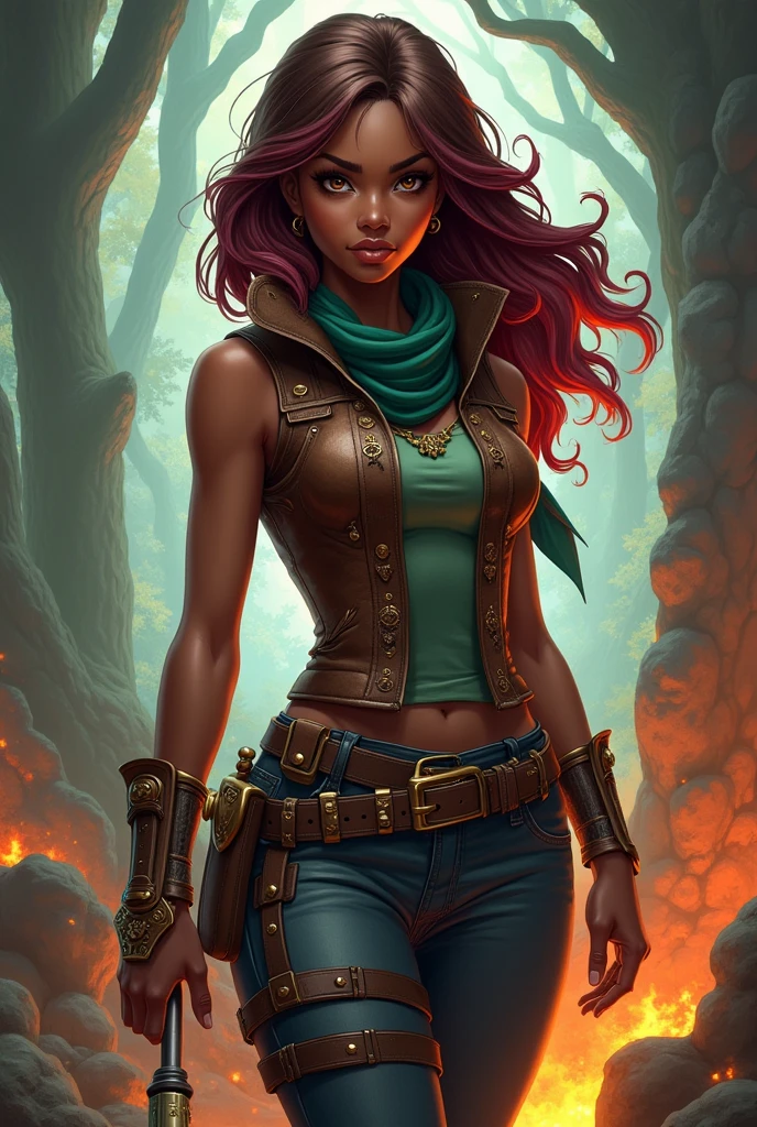 Crie uma imagem de uma personagem feminina inspirada na arte de dungeons & dragons e na animação Arcane, aspect of the drawing image, As an animation, como se fosse uma figurta do livro d&d. Saga Bersk is a young woman with black skin, with coal-black eyes and light mahogany brown hair with a red-violet undertone, that are curly and voluminous, fastened in a practical and elegant way, remembering the image of her mother. She is the daughter of Hephaestus, the god of fire and the forge, and an Amazon.

Saga&#39;s attire is a mix of practicality and style., as seen in the provided reference image: she wears a fitted leather vest with metallic details and gears, that recall his work as a craftsman and battle smith. His look includes accessories that denote his talent in forging., like a green bandana, utility belts with small tools and jars hanging from them, and a detailed leather bracelet.

Saga has a confident stance, transmitting the strength and intelligence inherited from his divine lineage, while his expression reflects the determination and wisdom of someone who grew up in the forge and the battlefield.