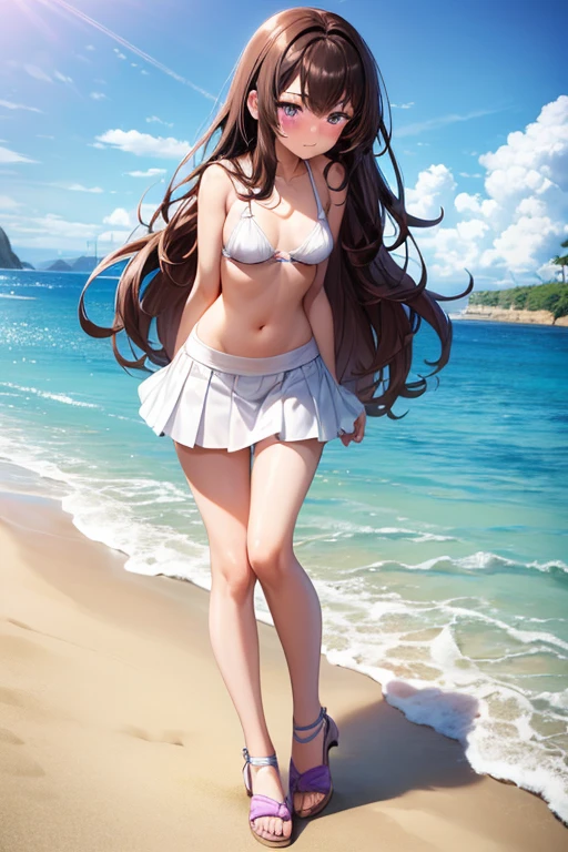 ((best quality)), ((masterpiece)), (detailed), a girl, full body, 19 years old, embarrassed face, young adult, somewhat short stature, purple eyes, brown hair, slightly wavy hair, long hair, bangs, blush, very small breasts, sexy white bikini with skirt, seductive legs, beach background, looking at me, anime