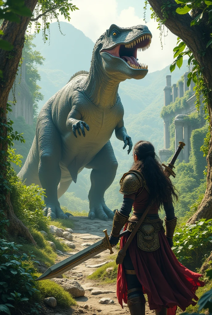 In a subtropical, low fantasy setting, a powerful warrior battles a dinosaur.