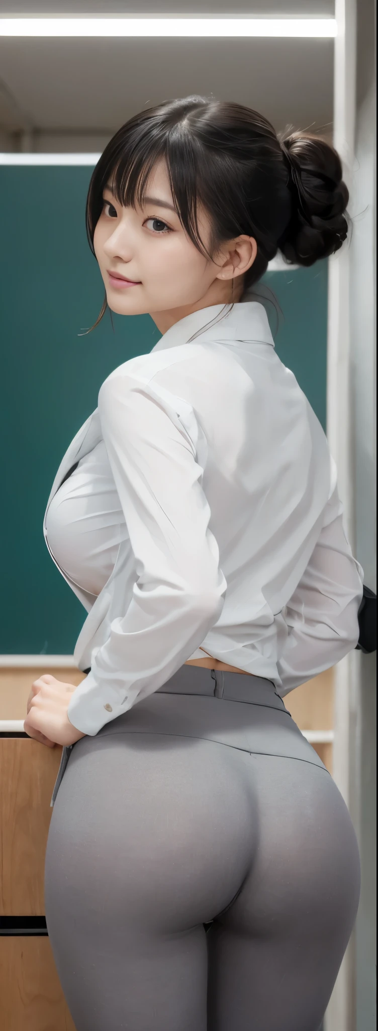 best quality, masterpiece, Ultra-high resolution, (Practical:1.4), RAW photos, Very detailed, Perfect anatomical structure, Very pretty Japanese female office worker、Rear view、（（（Her beauty, Large target, Perfect ass showing off in front of the camera：1.4）））、Very close to the hips、Draw from the knee up、Forward Leaning Posture、（（Hair tied in a bun：1.4））、 1 girl, Age 25, most popular japanese idols, ((Wearing a black suit and tights、Cock your ass):1.2), (He is wearing a black suit，Inside is a white shirt。.。.。.。.), Innocent smile, Very cute face，Like the most famous Japanese idol, very beautiful Large target black round eyes, ((Very beautiful black hair)), Very beautiful and slender figure, Very beautiful breasts, The light grey suit pants have a nice hip, Very beautiful thin legs, very beautiful Practical skin,　Pay attention to your buttocks、Turn around and look at the camera、 Business suits with attention to detail, A good quality white shirt