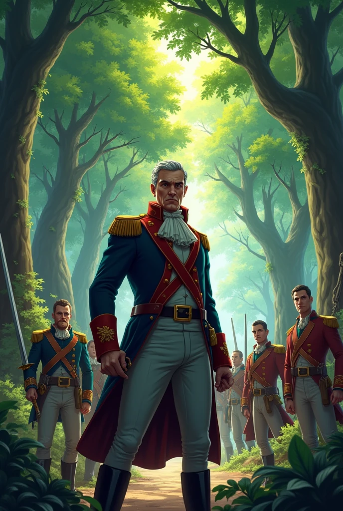 Humans from the 1740 British Navy Army invade the forest 2D anime look in front of them and get into fighting stance. Admiral Sir. Ethan Woods Clark 3° ordenou o ataque