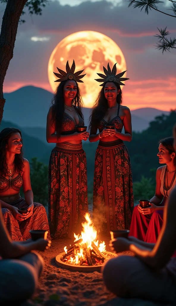 Visualize a scene of a mystical ritual performed at dusk. Two women are standing, conducting the ritual in front of a live fire. They are dressed in elaborate mystical costumes, with details that reflect Mayan culture. around the campfire, other women are sitting in a circle, each holding a cup. All participants display expressions of contentment and reverence.
in the sky, that is changing color with the sunset, the moon is clearly visible and carries the symbol of the lion, representing the astrological sign. The scene captures the essence of a Mayan cacao ritual, highlighting the unity and spirituality of the group in an enchanting natural environment.