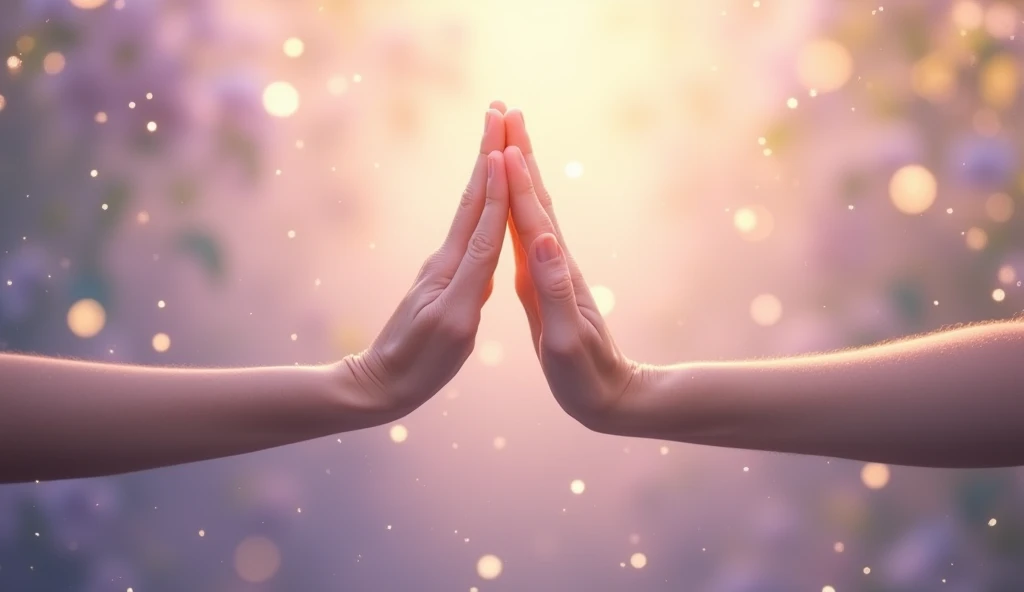 An image of hands coming together in a gesture of prayer or gratitude, with an ethereal background of soft light. Pastel colors that convey a sense of sacredness and spiritual connection.