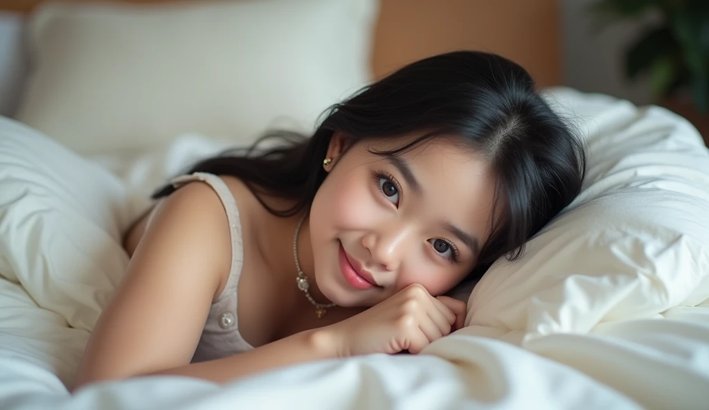A 20 year old Indonesian girl, very sexy, cute and beautiful,chubby, dengqn dada 36b, smiling at the camera, wearing a very tight and short sales uniform,wearing a small necklace that says "the owl" full body, lying on a bed with white sheets , he is on the bed , 4k