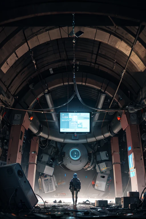 The collapsed world of the future、In the underground space, surrounded by a lot of broken machinery、The giant mother computer is sparking、There are no people、There are remains of a broken robot