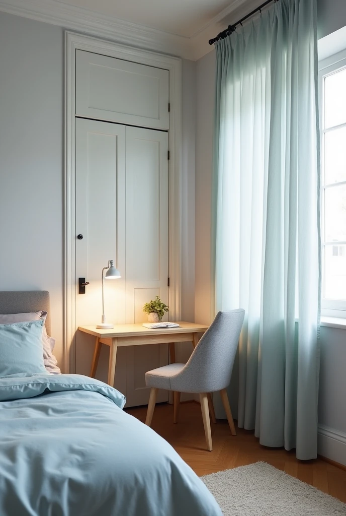The bed is light blue, the comforter is gray, the curtains are also light blue, the floor is light brown, add a desk next to it, the desk is light brown, add a chair, the chair is gray, the wall is gray, add a door, the door is light brown, the door is closed, the desk light is white, add a closet, the closet is white