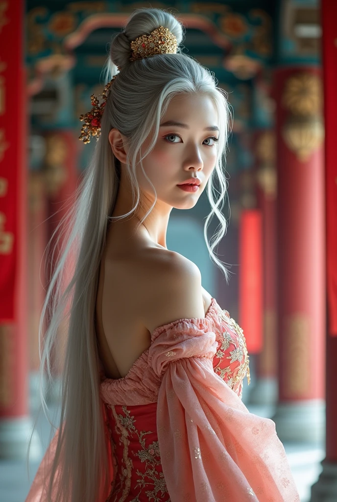 Masterpiece, Excellent, Chinese Imperial Palace, Chinese Style, Ancient China, 1 Woman, Mature Woman, Silver-White Long-Haired Woman, Gray-Blue Eyes, Pale Pink Lips, Cold, Serious, Effeminate, Bangs,