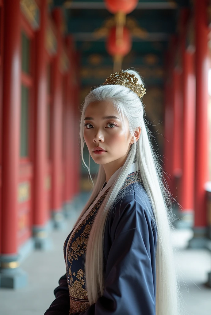 Masterpiece, Excellent, Chinese Imperial Palace, Chinese Style, Ancient China, 1 Woman, Mature Woman, Silver-White Long-Haired Woman, Gray-Blue Eyes, Pale Pink Lips, Cold, Serious, Effeminate, Bangs,