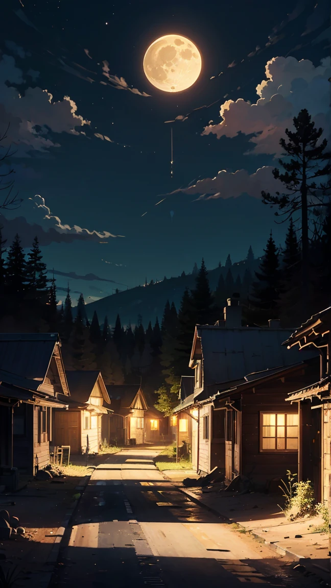 (dirt road), (humble houses on the sides), huts (destroyed), (full moon at the top), (at night), trees, town (in the middle of the forest).