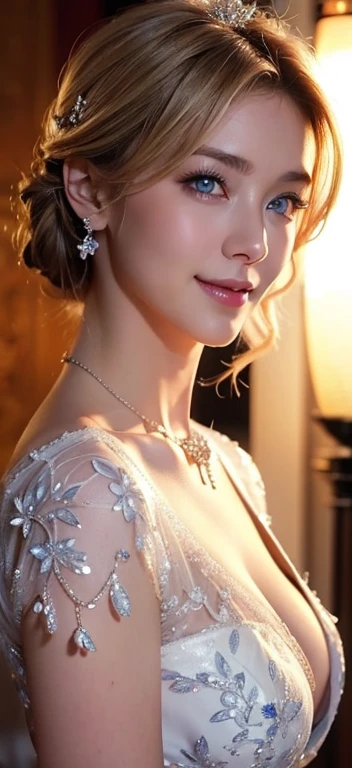 (((masterpiece)))、((Highest quality))、((超Realistic))、bride、wedding、Luxury floral dress、Light clothing、necklace、Formal Wear、night景、illumination、blue eyes、blonde、short hair、Hair tied up、Full body photo、Sexy Face、short hair、 A look of complete lust、Mature Woman、perspective、Very detailed、The perfect temptation、Best image quality、Fine-grained image quality、beautiful、European women,Italian women, smile、blue eyes、jewelry, Realistic, High resolution, Glowing Skin, (Detailed face), night, blonde, Wavy Hair,attractive appearance, smile,Japanese women、C cup