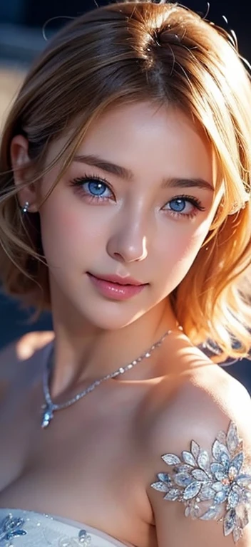 (((masterpiece)))、((Highest quality))、((超Realistic))、bride、wedding、Luxury floral dress、Light clothing、necklace、Formal Wear、night景、illumination、blue eyes、blonde、short hair、Hair tied up、Full body photo、Sexy Face、short hair、 A look of complete lust、Mature Woman、perspective、Very detailed、The perfect temptation、Best image quality、Fine-grained image quality、beautiful、European women,Italian women, smile、blue eyes、jewelry, Realistic, High resolution, Glowing Skin, (Detailed face), night, blonde, Wavy Hair,attractive appearance, smile,Japanese women、C cup
