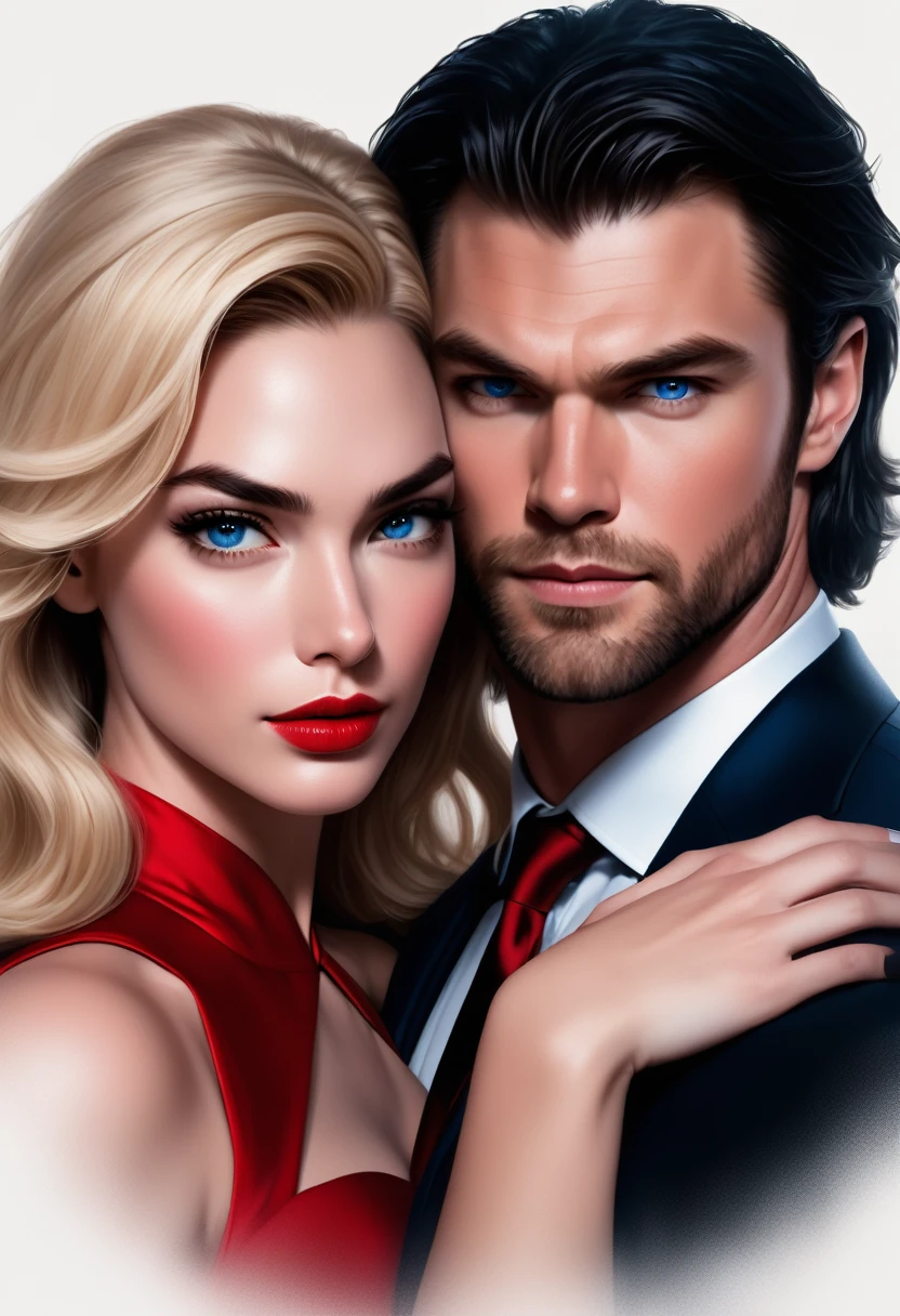 Generate an illustration of a heterosexual couple for a book cover. The beautiful woman looks just like Gal Gadot, with a red dress, huge black hair and dark eyes. The athletic and imposing man, identical to Chris Hemsworth wearing a dark suit, blue eyes and short blonde hair.