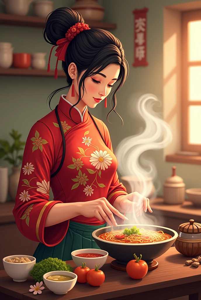 Chinese woman ramen and soup selling business logo