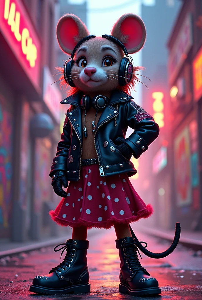 Capybara dressed as rocker Minnie, evil, biker, biker,  animated cartoon