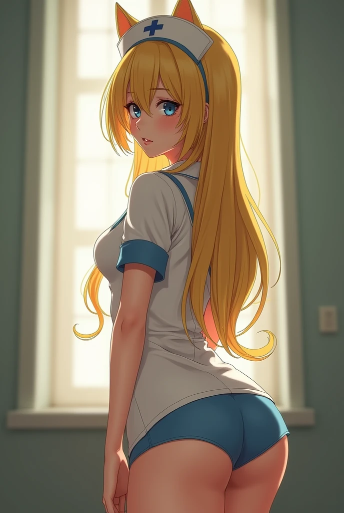 ultra realistic, photo, long yellow hair, cat eyes, girl, 32 years old, hourglass figure, perfect body, flirtatious look, extremely detailed artgerm, artgerm style, 35mm lens, blurry background, she is leaning over, she is stretched towards camera, she is wearing sexy skimpy nurse outfit, long legs, touches legs, sexy legs, attractive legs, full body photo, full body portrait from behind, full body, wide shot, wide angle, full anime figure, tight panties under skirt, you can see the details of pussy under panties, utlra sexy encouraging position