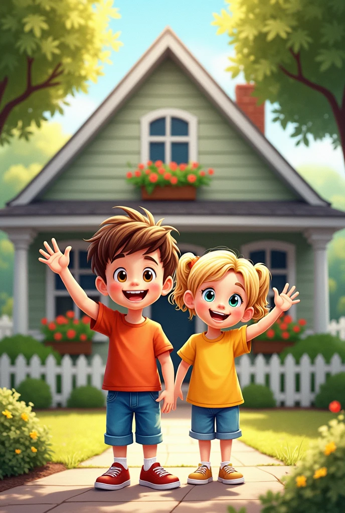10 year old boy and 7 year old girl waving outside a homely house in daylight in drawing