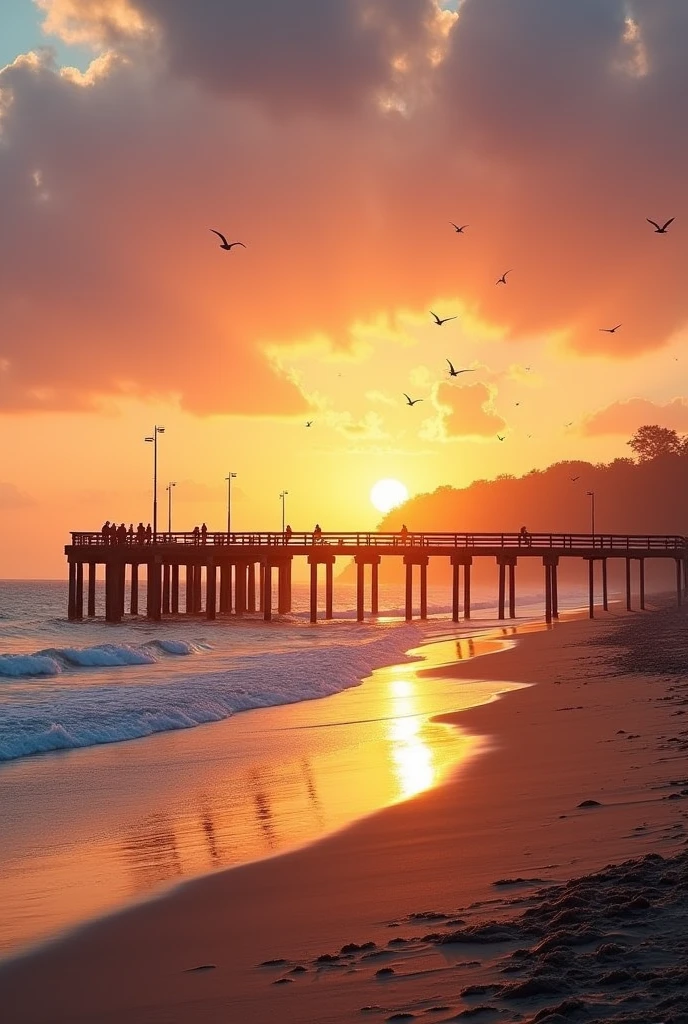 Beach and pier at sunset