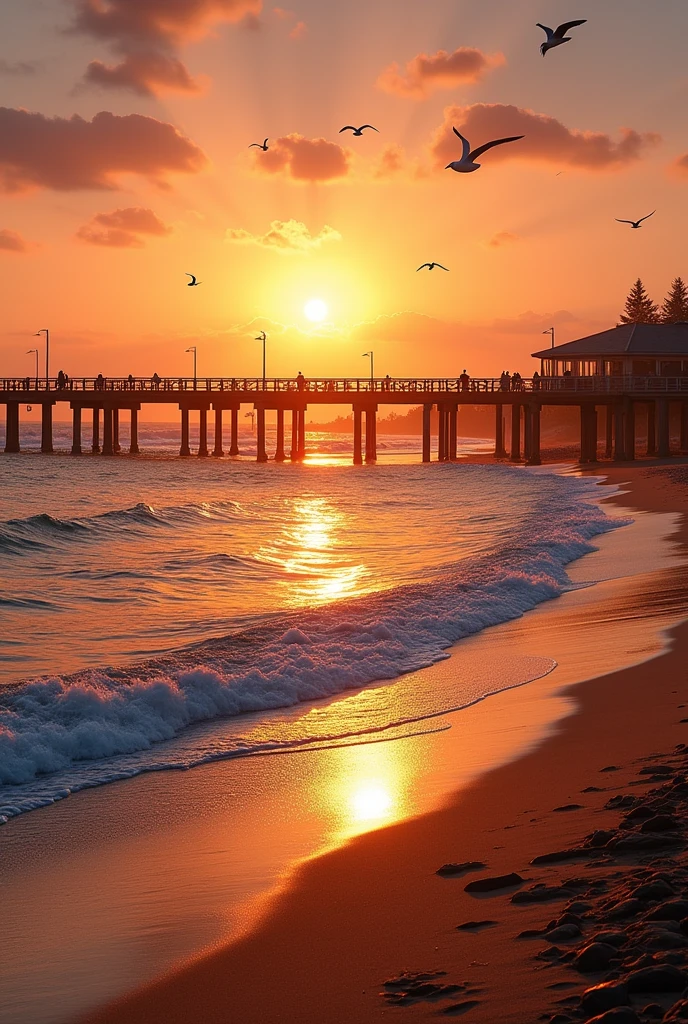 Beach and pier at sunset