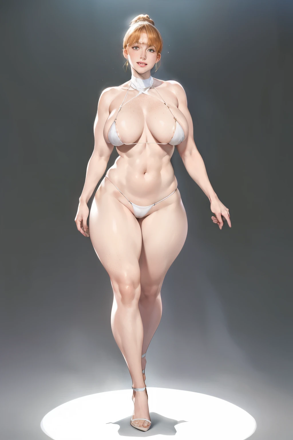 Hot mom，solo，standing, ginger orange hair，thick thight，upper legs，Wide buttock，dent in the skin, curlies，ssmile，cheerfulness，（transparent white tiny micro bikini, tight micro bikini,：1.2），cparted lips，Obscenity，protruding areolas，gigantic cleavage breasts，4K，Large curved hips，Fleshy figure，with perfect legs，Hypertrophic，protruding areolas，，Bronzed skin，Detailed lips，bubble butt，Dewy，erected，Eyes look at the lens，A shy look，Blushing aunt，Two braids，Smooth skin，extremly high detail，A detailed face, full body, show full body from head to feet, wide field of view., view from a distance.
