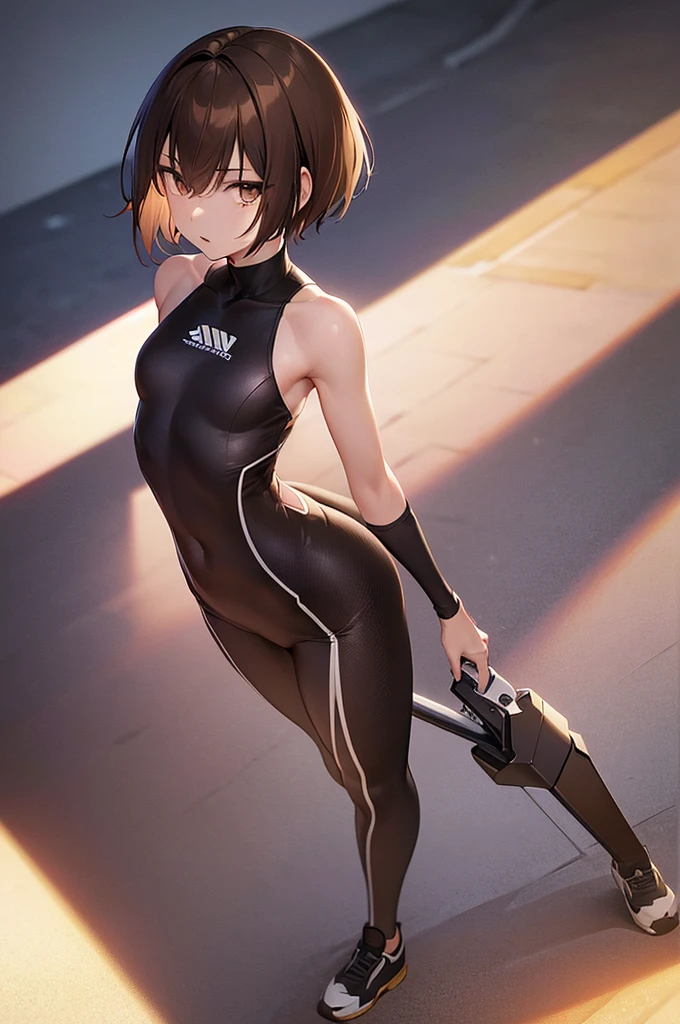 masterpiece, best quality,anime style, 1 girl,(((slender body))), (((small eyes))),(((athlete suit))), (beautiful face), (((short hair))), (((straight hair))), ((((brown hair)))),detailed beautiful skin, (perfect hands, perfect anatomy),scream