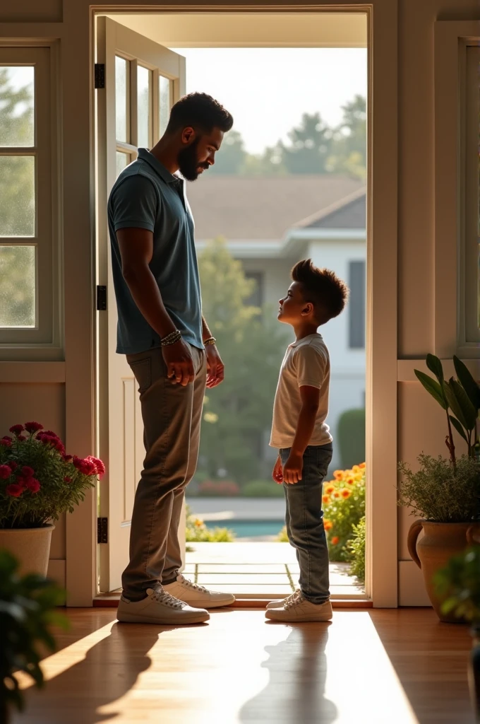 A young teenage boy with white skin, black hair and a pompadour opening the door of his house to a brown, strong man who is a little taller than the boy. This man is wearing pants and a polo shirt.