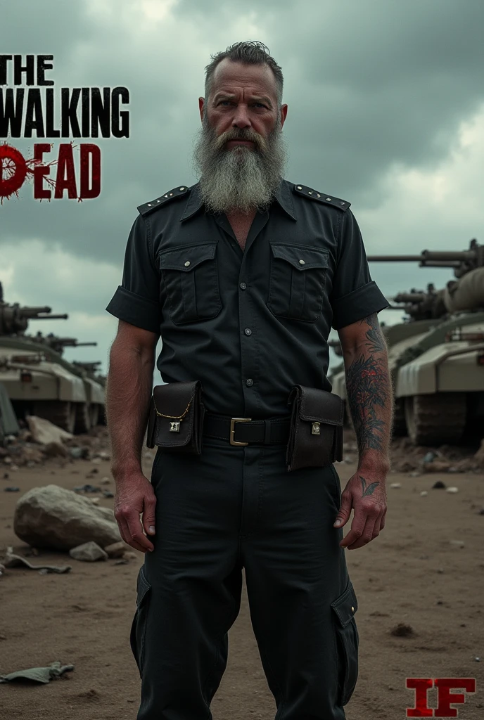 A soldier in a black uniform and also a gray beard with a rifle on a military base with wounds and above in the left corner a written text "The Walking dead".