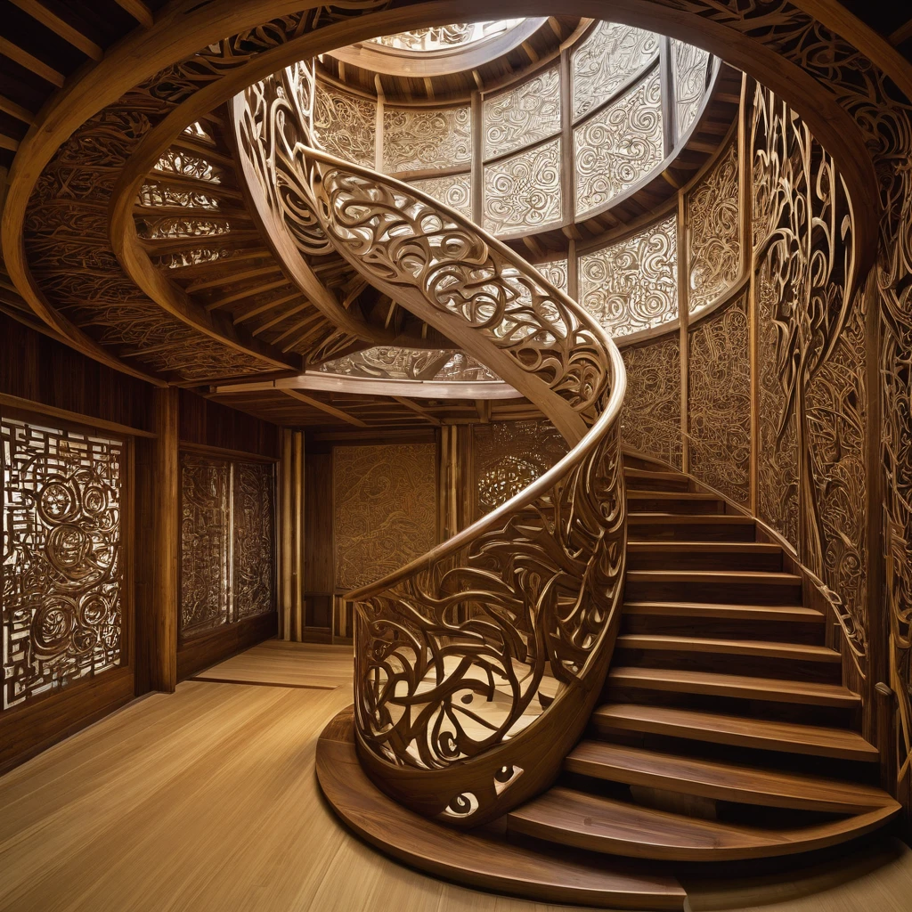 Complex Japanese-style fractal patterns engraved repeatedly、Towering spiral staircase, Each stage is、It is made up of incredibly intricate bamboo carvings and Japanese swords.、Twisted into sinuous geometric patterns.
