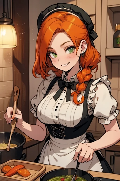 Perfect face. Perfect hands. An orange haired woman with green eyes and an hourglass figure in a Lolita maid dress is smiling while cooking in a fancy kitchen
