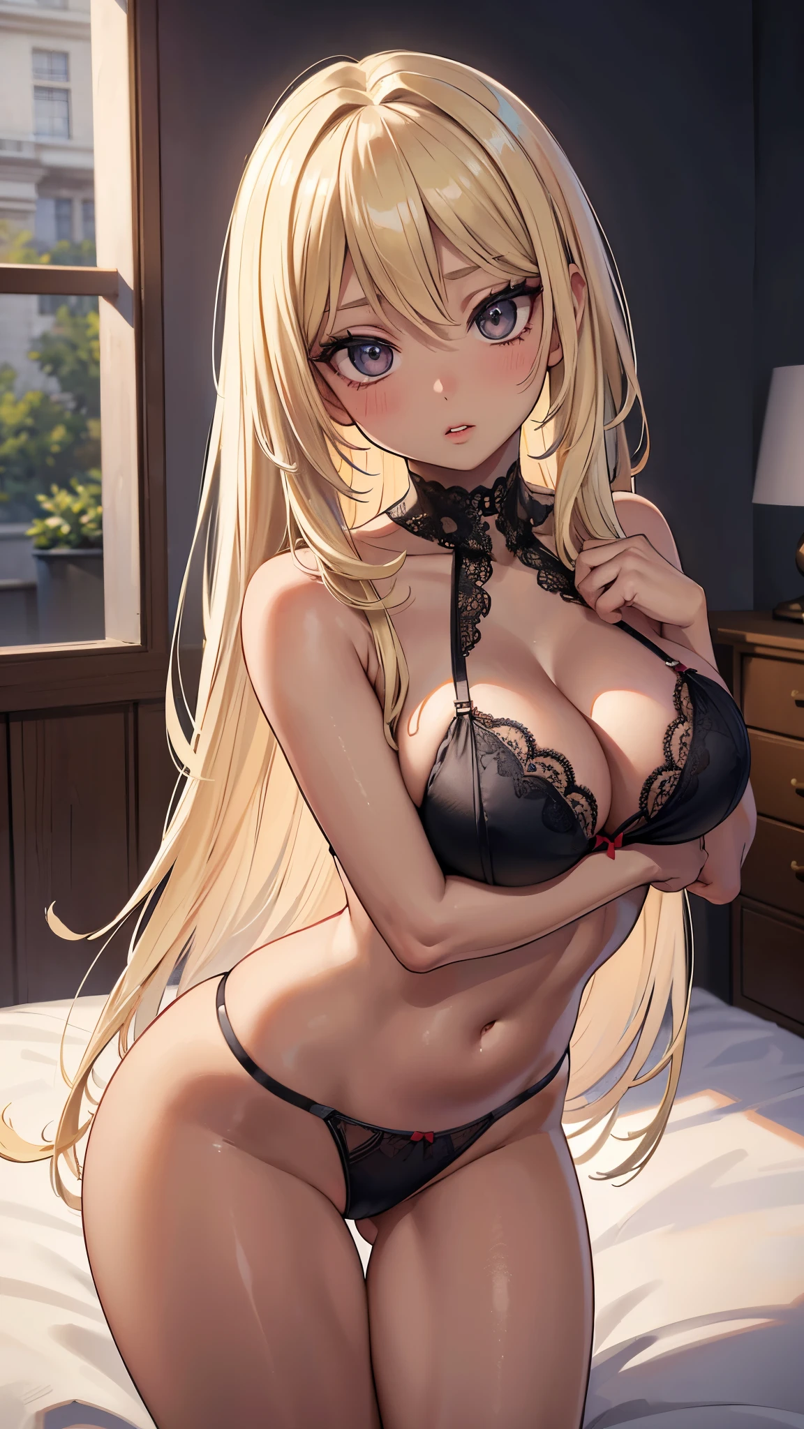 (Best Quality,High resolution,8K,finelity detailed background,Masterpiece:1.2),beautiful girl,Shiny khaki hair,messy hair,Khaki Eyes,Gentle look,A refreshing look,Best quality,Best Quality,Aesthetic and aesthetic:1.2,Best details((Super detailed))(High-definition CG illustrations),Glamorous black underwear (black,intricate lace),Slender body,night,Moonlight,Bedroom,On the bed,smile,blush,cute,Scrounge,Looking up,Being spoiled,Smiling Kindly,super model,wariza,shoot from below