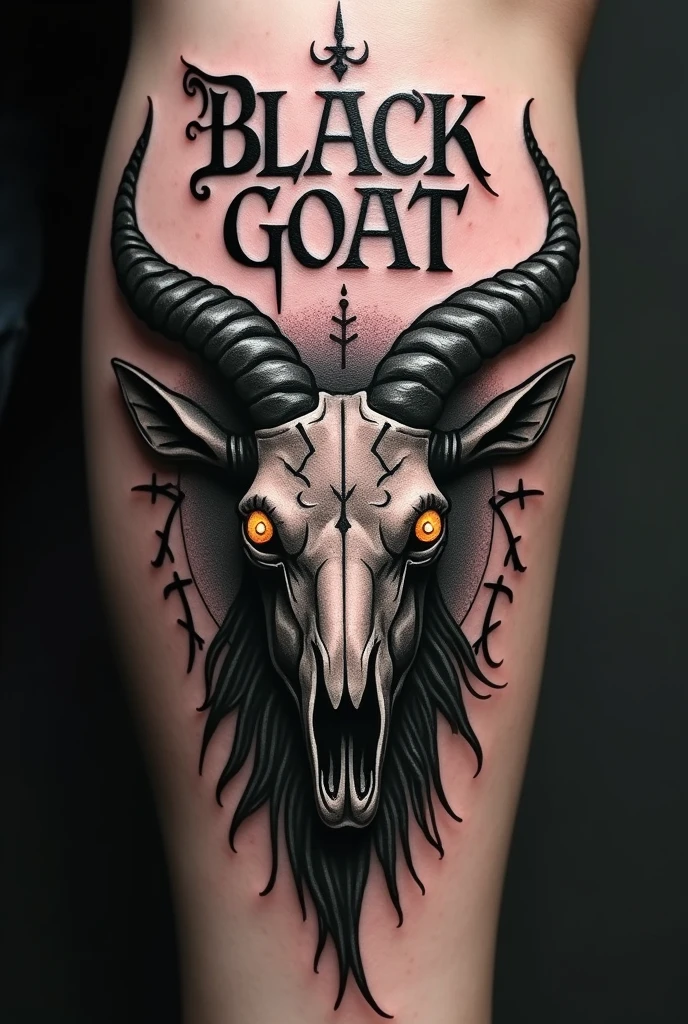 Goat head tattoo with written letter BLACK GOAT 
