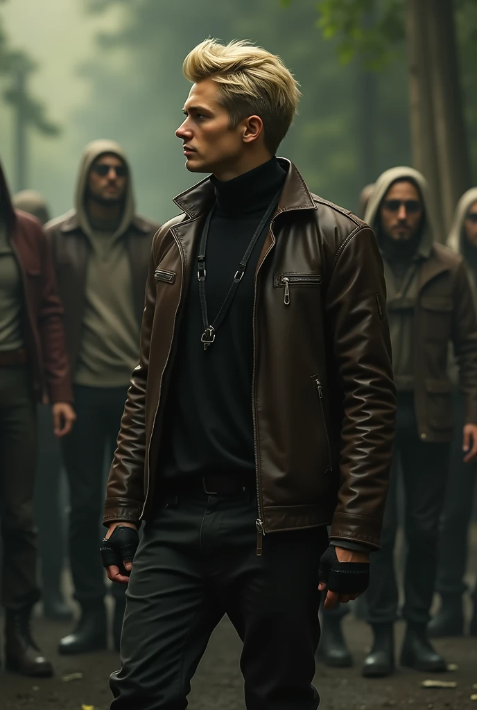 A character with short blonde hair styled to the side, wearing a dark brown leather jacket with a high collar and a black turtleneck shirt underneath, and a holstered gun on his right thigh. His pants are dark, and he wears black combat boots, iluminação é amarelada, esverdeada escura, sombria, com sombras profundas, destacando a tensão e o desespero da cena, no fundo há pessoas estranhas com roupas rurais em uma capela antiga alta orando para um deus, Realism, wide shot, diffraction spikes, character chart, UHD, accurate, textured skin, super detail, high quality, best quality, highres