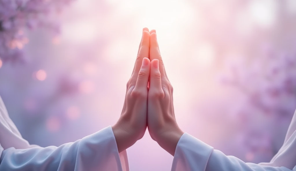 An image of hands coming together in a gesture of prayer or gratitude, with an ethereal background of soft light. Pastel colors that convey a sense of sacredness and spiritual connection.