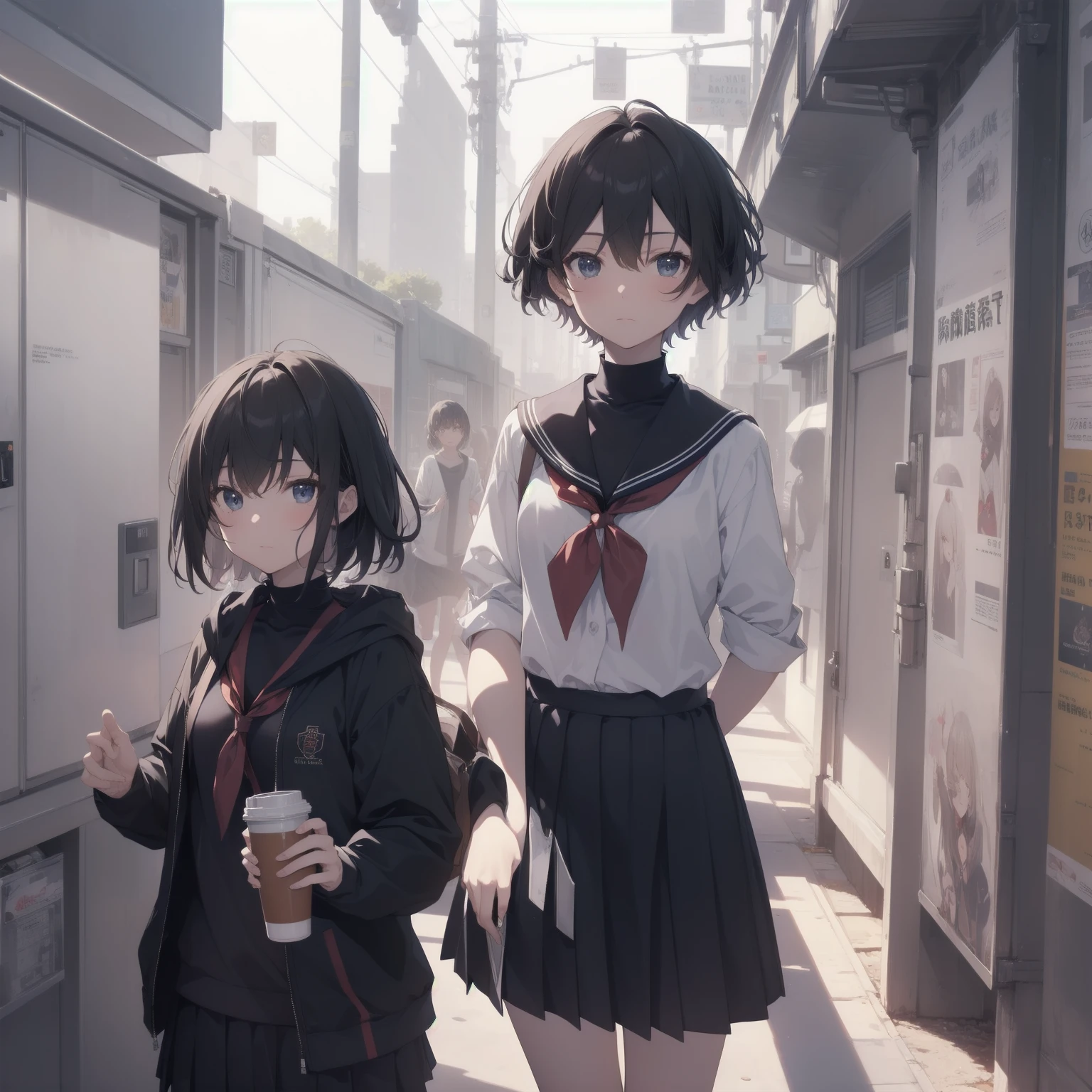 ultra-absurdres-Top quality by artist God, ultra-detailed, high resolution, anime moe artstyle, best anime 8k konachan wallpaper, pixiv contest winner, pool:2810, perfect anatomy,break, 1girl, (Please draw a girl walking sleepily to school alone. )break,(Solo,little female, 13-year-old:1.3),Full limbs, complete fingers,a junior high school student, (very short hair), short cut, flat chest, , small butt, small black eyes, beautiful detailed eyes, well-proportioned iris and pupils, expressive eyes, highres detailed hair, soft expression, salor school_uniform, sailor collar, serahuku, bow, pleated skirt,(Detailed Lighting), (Detailed background), in the School commute route. break,super detailed skin, Best cinematic lighting powered by famous artist, 8k,beauty illustration,photoshop_(medium),very aesthetic,break,((artist:rappa_(rappaya) )), artist:clamp ,artist:carnelian ,artist:kantoku ,