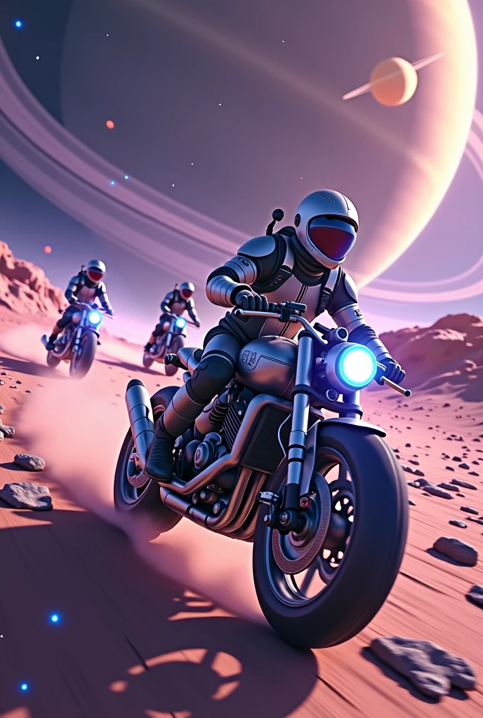 astronauts on motorcycles touring saturn