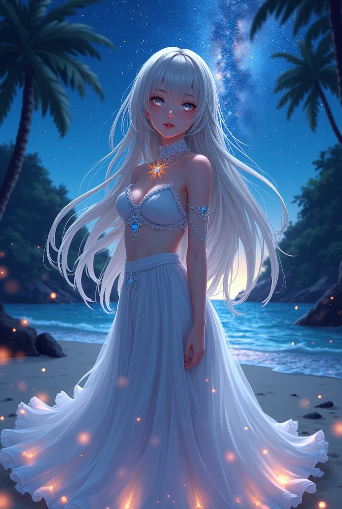 (masterpiece、Highest quality、8k、High resolution)、One female、(Beautiful Face、Beautiful Face)、Beautiful eyes、Beautiful lips、Beautiful nose、Silver blonde hair、(The best anime girl)、Sandy beach with a view of the forest、A bright night with stars visible、milky way、体whole bodyから神秘的な光の粒子、Colorful light particles、A mysterious light glowing around the head、jewelry、necklace、dress、(whole body)、Highly detailed anime art、A complete portrayal、