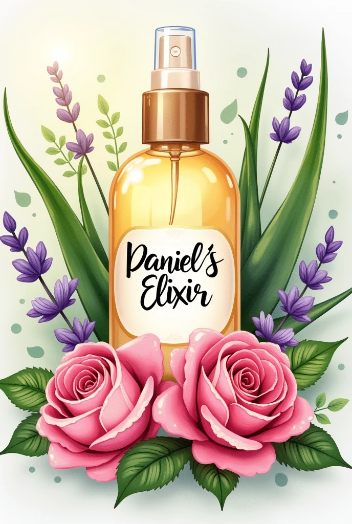design à imprimer en sticker pour coller sur une bouteille de spray cheveux. le nom est « Daniel’s Elixir » l’image doit faire ressentir le naturel, le bio, dans le spray il y a de l’eau de rose de l’aloe véra et de la lavande. ne pas dessiner de bouteille juste des roses de l’aloe vera de la lavande et « Daniel’s elixir »