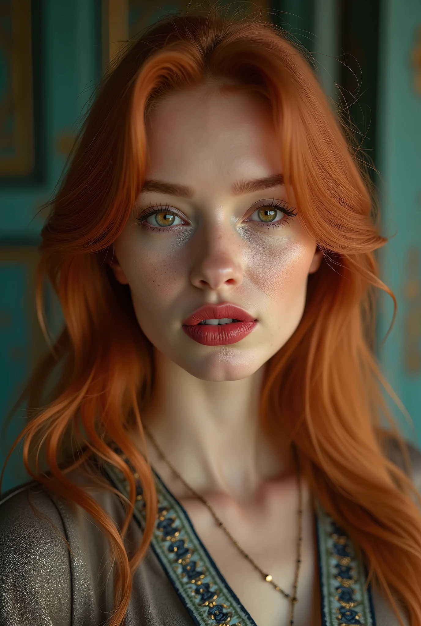 a woman with red hair, hyper-realistic skin, shiny/glossy, modern jewelry, gongbi, portraiture, dark teal and light gold, tropical landscapes, Face portrait photo oF a 21 Year-old German woman, .raw, beautiFul woman, half strawberry lips, strawberry lipstick, Fossettes, big breast, realistic legs, high heels, nostalgic look, detailed light brown eyes, great student, thin eyelashes, (Brown extra long blond hair), ((detailed Face)), ((detailed Facial Features and skin texture)), (Finely detailed skin), light brown skin, (Deep neckline detailing high-tech cyberpunk dress), Cyberpunk big city environment, (cold colors), moist, moist, reFlections, (masterpiece) (height ratio / perfect width) (photo realist) (best quality) (detailed) Shot with Canon EOS R5, ObjectiF 50mm, F/2.8, human development report, (8k) (wallpaper) (light) (Dramatic Light) (sharp focus) (complicated), sharp details, skin detail sharpness, 