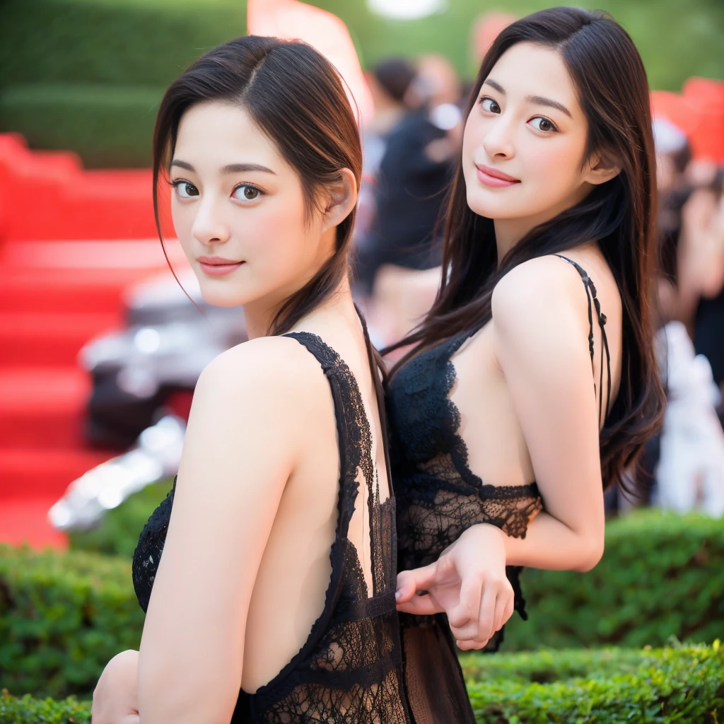 a gorgeous smiling cute Japanese woman in a lacy bodysuit outfit, delicate facial features, porcelain-skinned, ponytail, a fusion of young Marion Cotillard's striking eyes and young Anne Hathaway's introspective gaze, long and slender cute face, Asian winged eyes, wavy nose, full wide lips, flowing very long straight black hair in the air, reaching out her hand to the viewer and snapping her fingers, silhouette, bokeh, red carpet background,