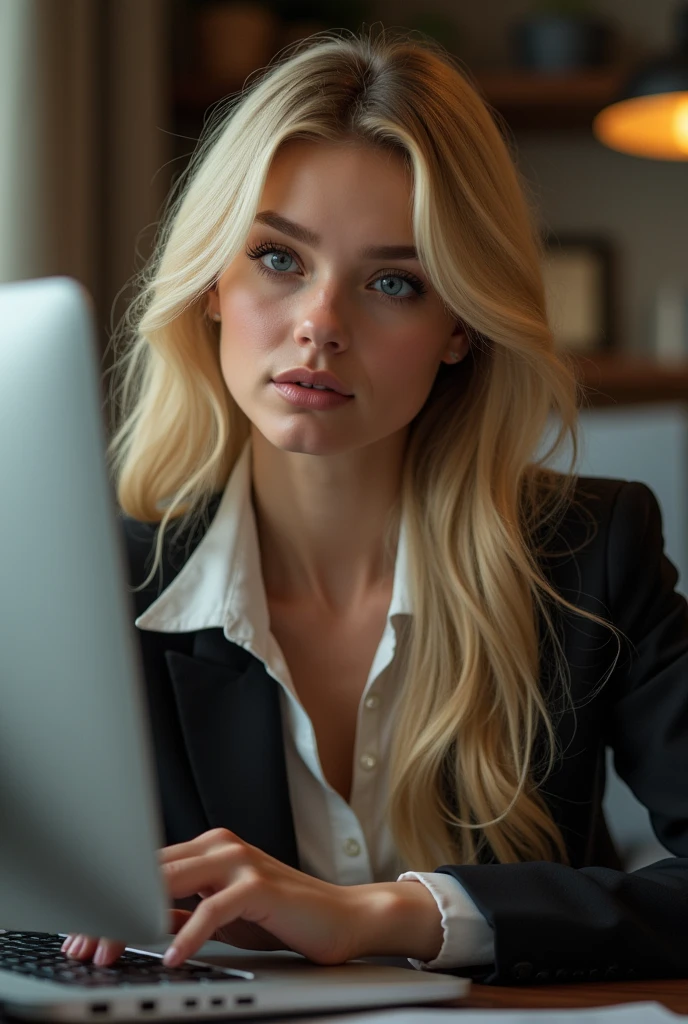 une belle fille aux longs cheveux blonds, detailed eyes, porter une tenue professionnelle, assise dans son bureau, en utilisant son ordinateur, ordinateur HP (best quality,4K,8k,high resolution,head of'artwork:1.2),ultra-detailed,(realistic,photorealistic,photo-realistic:1.37),HDR,studio lighting,Highly detailed face and body, portrait,Cinematic lighting,Dramatic lighting,warm color tones,couleurs dramatiques