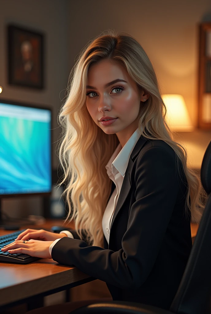 une belle fille aux longs cheveux blonds, detailed eyes, porter une tenue professionnelle, assise dans son bureau, en utilisant son ordinateur, ordinateur HP (best quality,4K,8k,high resolution,head of&#39;artwork:1.2),ultra-detailed,(realistic,photorealistic,photo-realistic:1.37),HDR,studio lighting,Highly detailed face and body, portrait,Cinematic lighting,Dramatic lighting,warm color tones,couleurs dramatiques