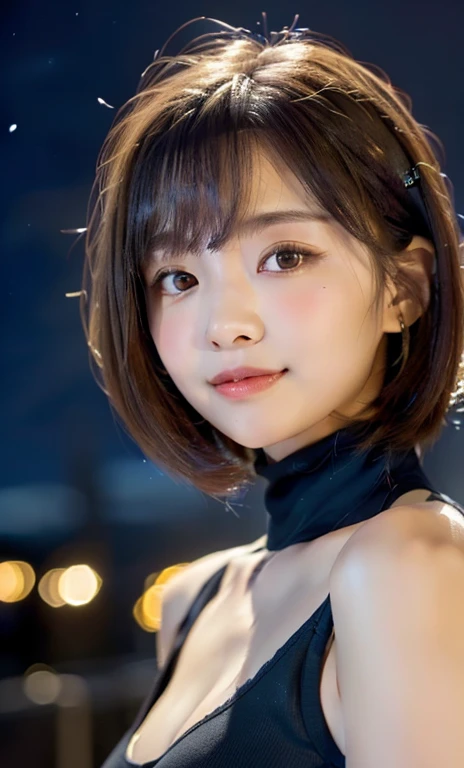 ( (((A beautiful woman))), ((a night sky)),(((detailed face))),(beautiful bob hair), cute and gentle, medium breasts,pretty,sleeveless turtle neck, mini-skirt, white silky clothes, cute and gentle, 4k , super high resolution ,(photo-realistic: 1.7), night background,black short hair, ((SFW)), cowboy_shot, high angel shot, bokeh, SFW)